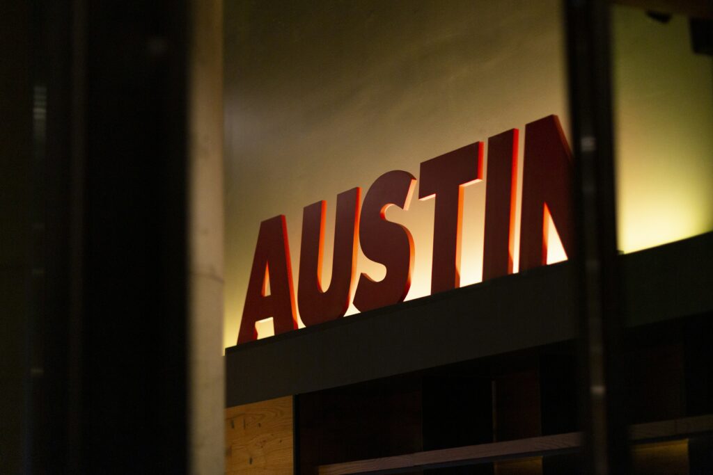 Illuminated "AUSTIN" sign