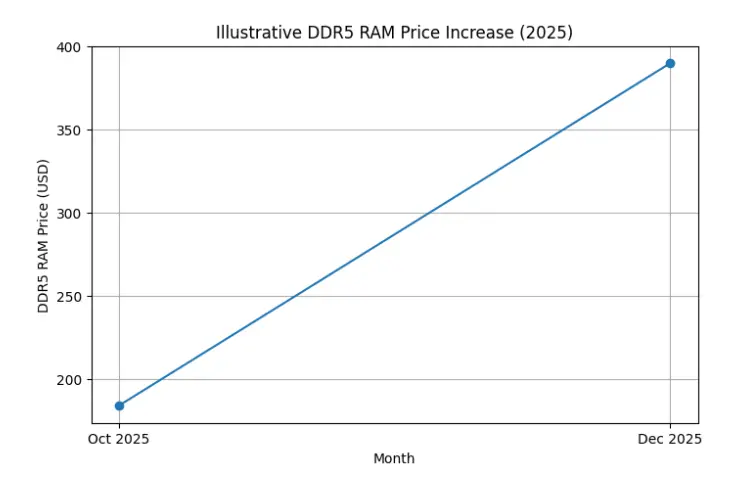 DDR5 32GB consumer RAM price increase from Oct–Dec 2025