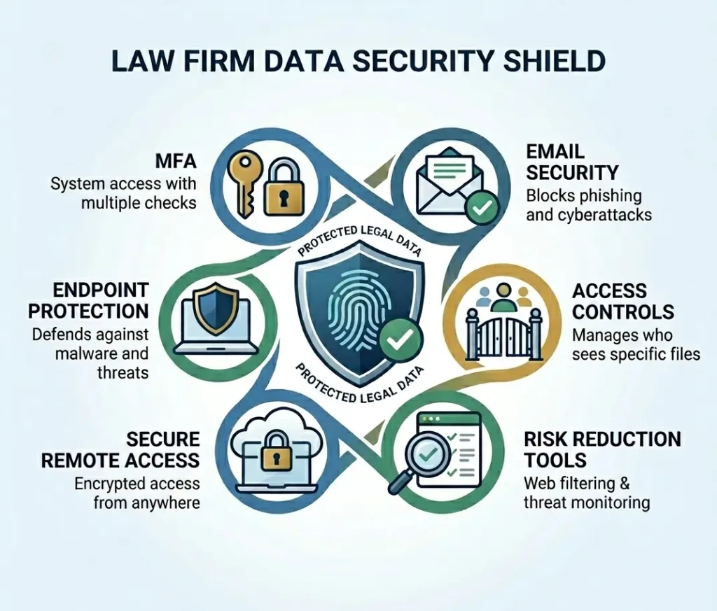 A professional cybersecurity infographic for law firms featuring a central shield icon with a fingerprint, surrounded by six interconnected nodes representing key security pillars